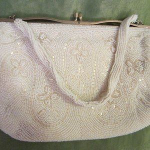 Broadway Exclusive White Sequined Floral Beaded Handbag MOP On Brass Frame